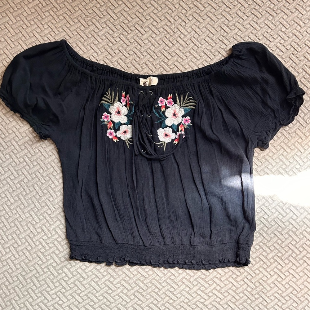 Hollister Black Smocked Crop Blouse with Puff Sleeves